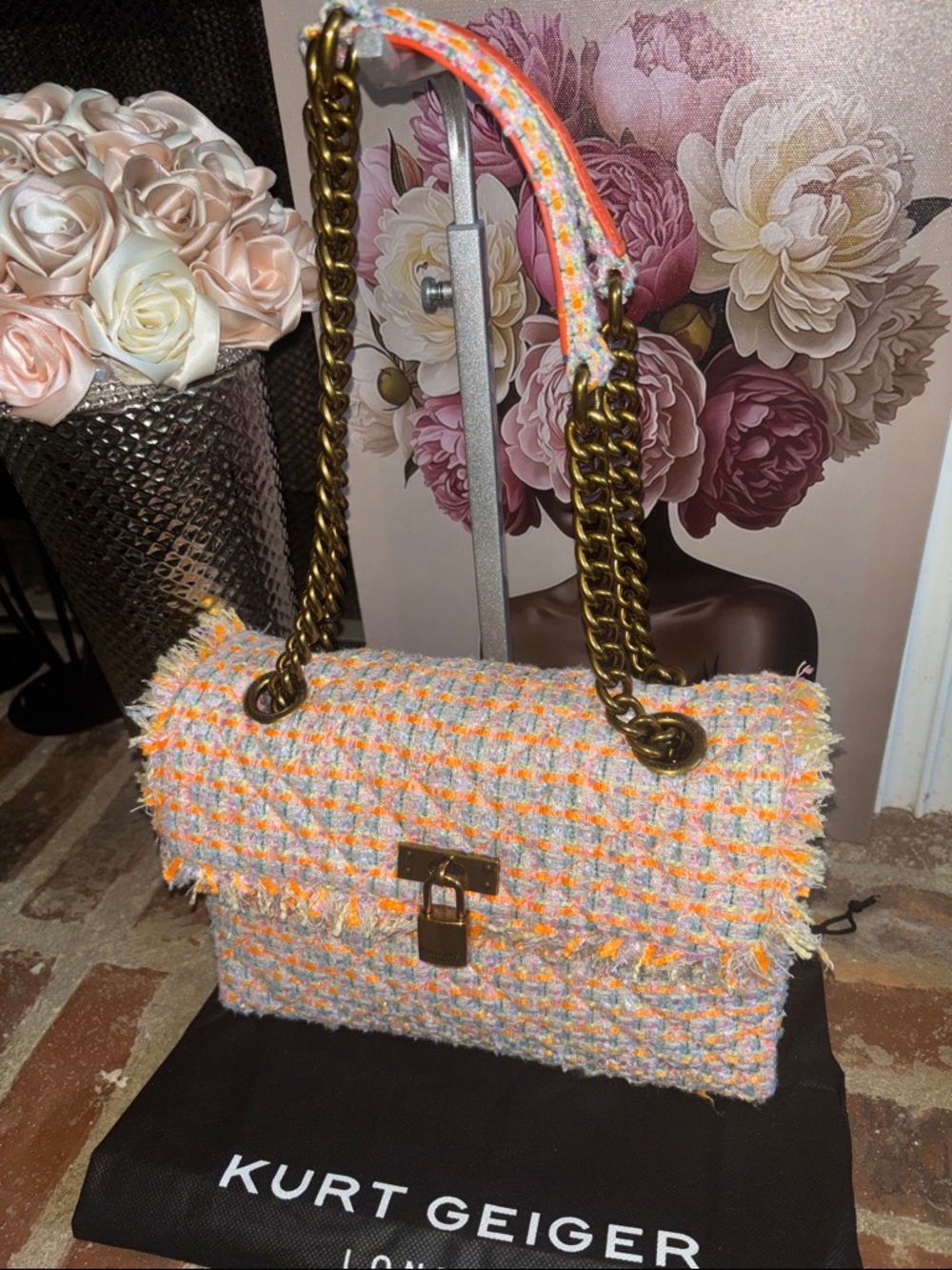 Kurt Geiger Brixton Orange and Pink Tweed Chain Shoulder Bag
